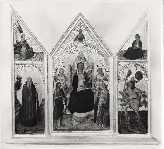 Anonimo — Nicolò di Buonaccorso - sec. XIV - Madonna con Bambino in trono, angeli e santi; Annunciazione; Sant'Antonio Abate; San Cristoforo — insieme